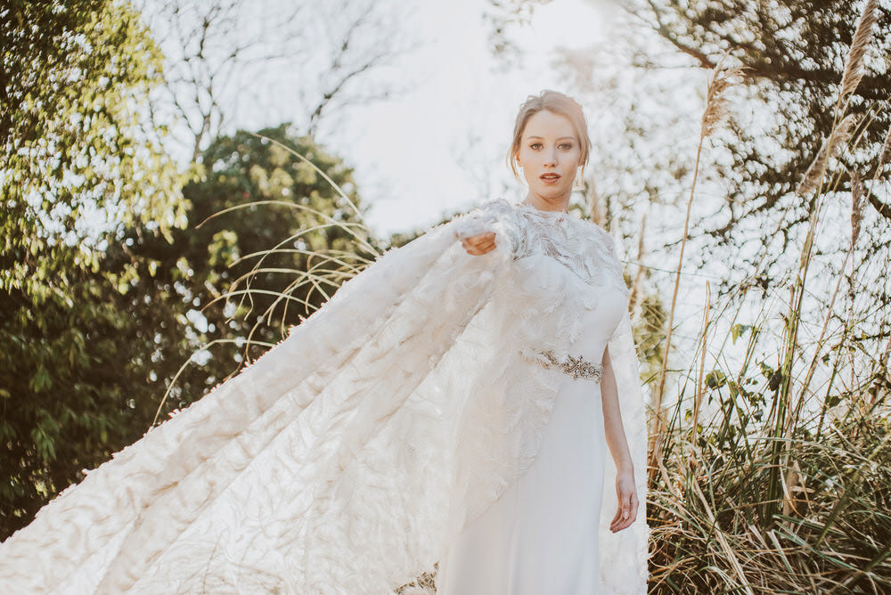 Bride Bridal Dress Gown Feather Embroidered Cape Willowby by Watters Green Gold Wedding Ideas Samantha Davis Photography