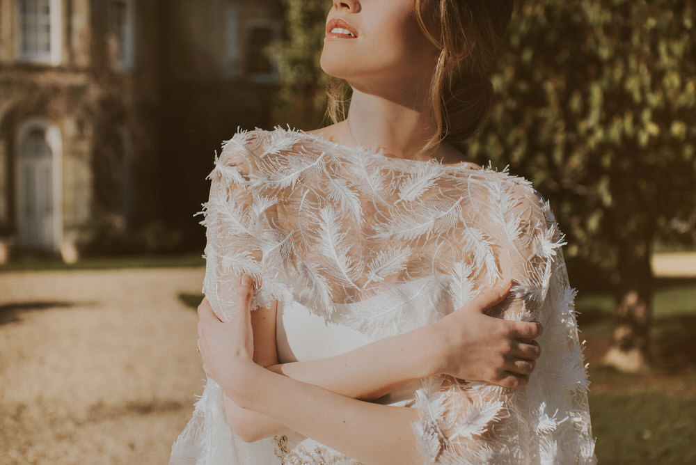 Bride Bridal Dress Gown Feather Embroidered Cape Willowby by Watters Green Gold Wedding Ideas Samantha Davis Photography