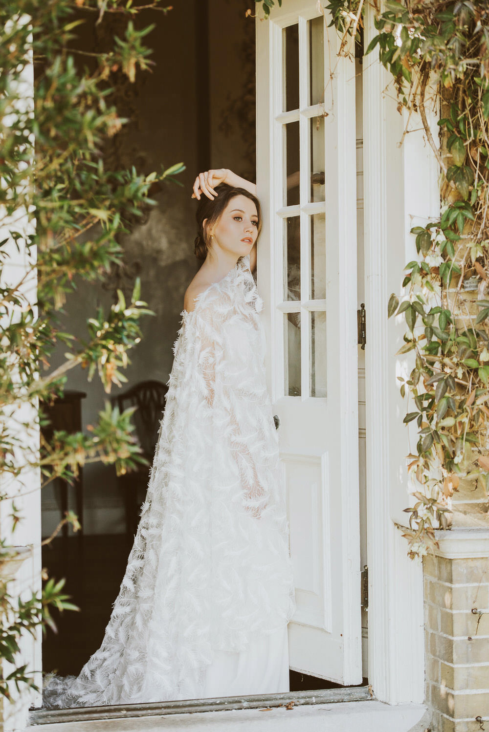 Bride Bridal Dress Gown Feather Embroidered Cape Willowby by Watters Green Gold Wedding Ideas Samantha Davis Photography