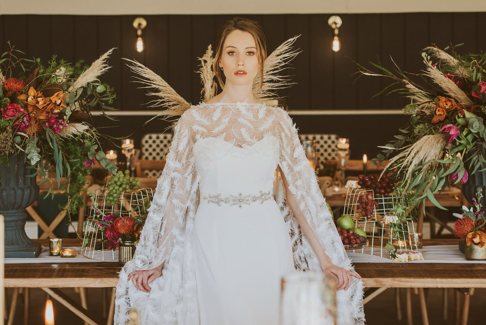 Bride Bridal Dress Gown Feather Embroidered Cape Willowby by Watters Green Gold Wedding Ideas Samantha Davis Photography