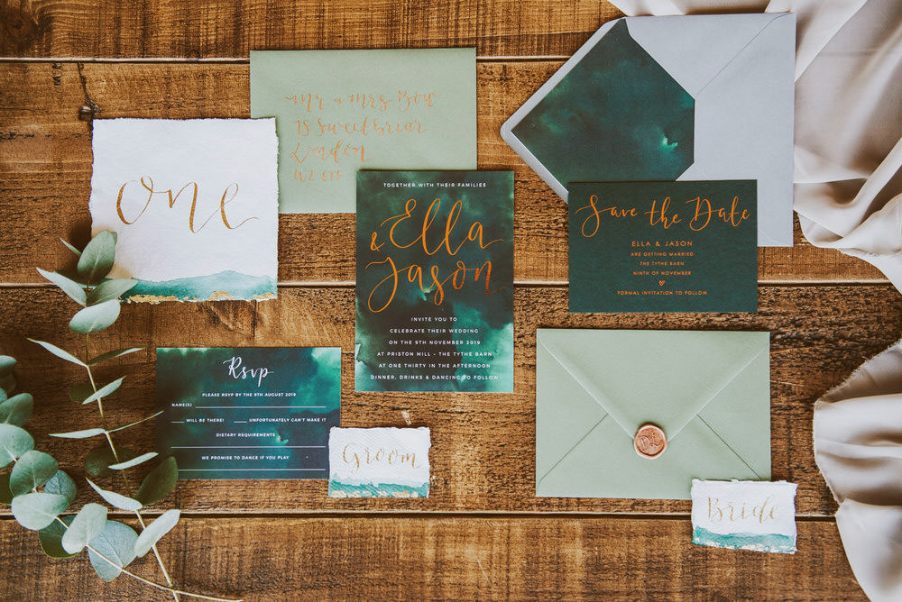 Stationery Suite Invitations Invite Flat Lay Calligraphy Wax Seal Envelope Green Gold Wedding Ideas Samantha Davis Photography