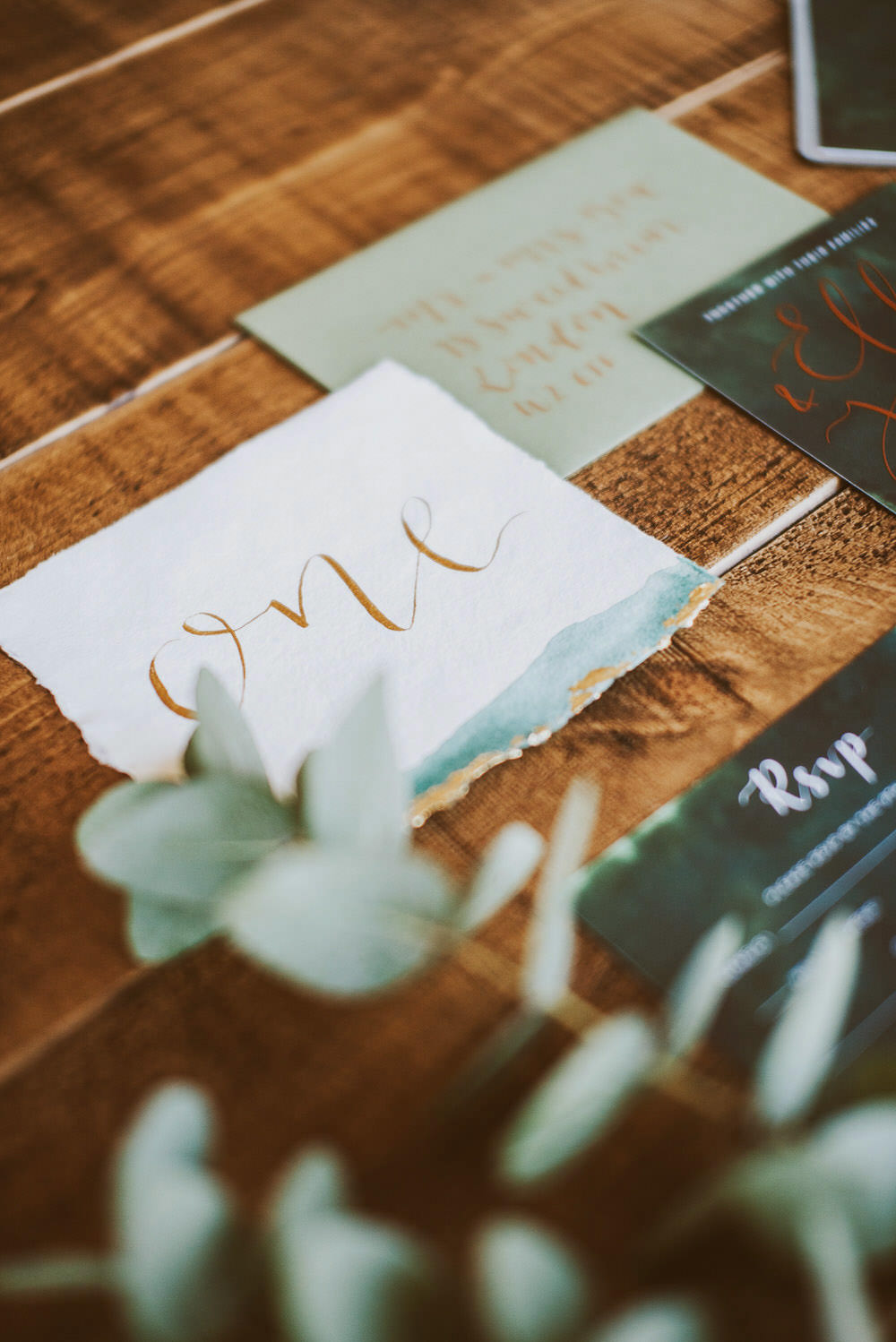 Watercolour Table Name Calligraphy Green Gold Wedding Ideas Samantha Davis Photography