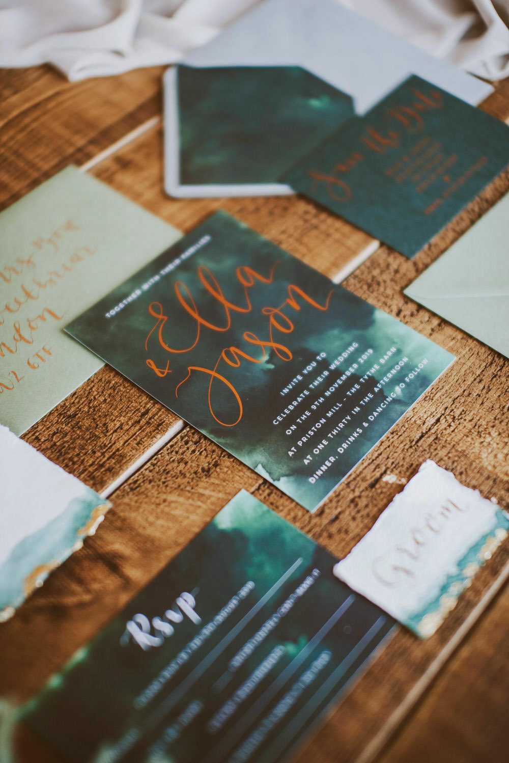 Stationery Suite Invitations Invite Flat Lay Calligraphy Envelope Green Gold Wedding Ideas Samantha Davis Photography