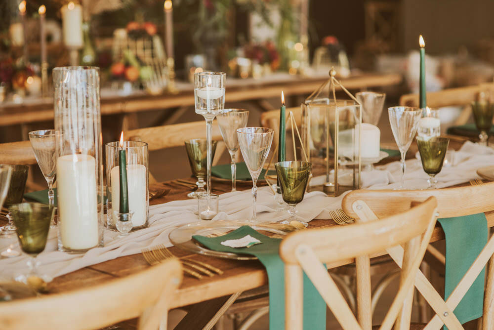 Decor Decoration Table Tablescape Glasses Candles Napkins Cutlery Green Gold Wedding Ideas Samantha Davis Photography