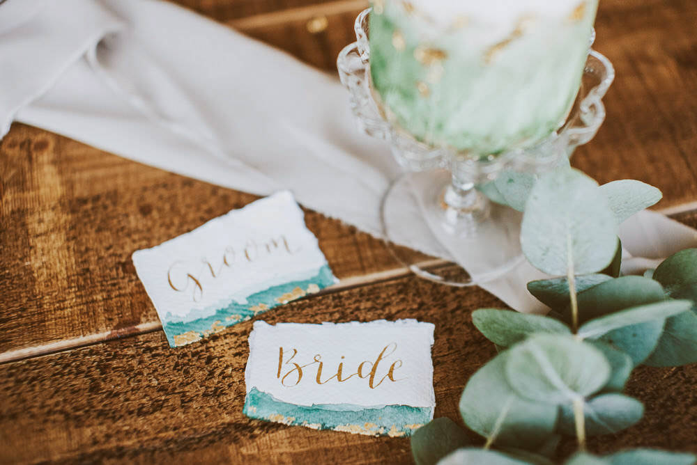 Watercolour Place Name Cards Green Gold Wedding Ideas Samantha Davis Photography