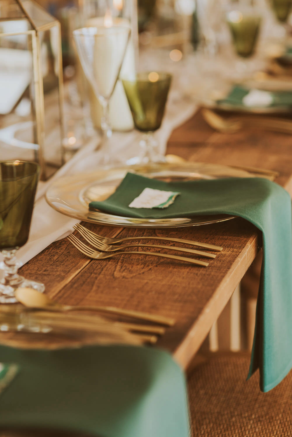 Decor Decoration Table Tablescape Glasses Candles Napkins Cutlery Place Setting Green Gold Wedding Ideas Samantha Davis Photography