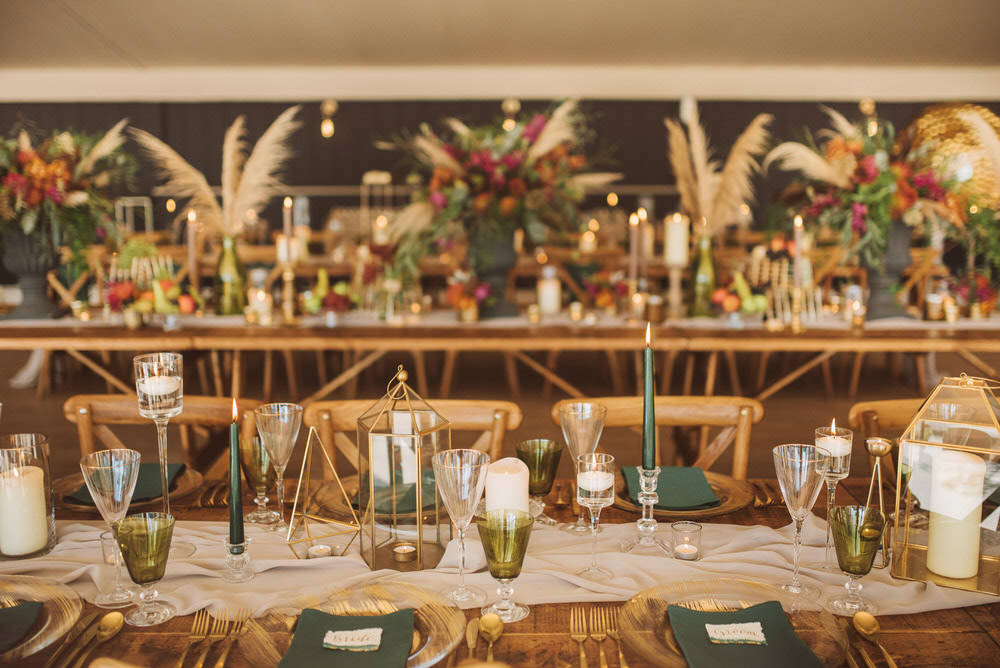 Decor Decoration Table Tablescape Glasses Candles Napkins Cutlery Green Gold Wedding Ideas Samantha Davis Photography