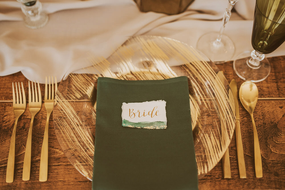 Decor Decoration Table Tablescape Glasses Candles Napkins Cutlery Place Setting Place Name Green Gold Wedding Ideas Samantha Davis Photography