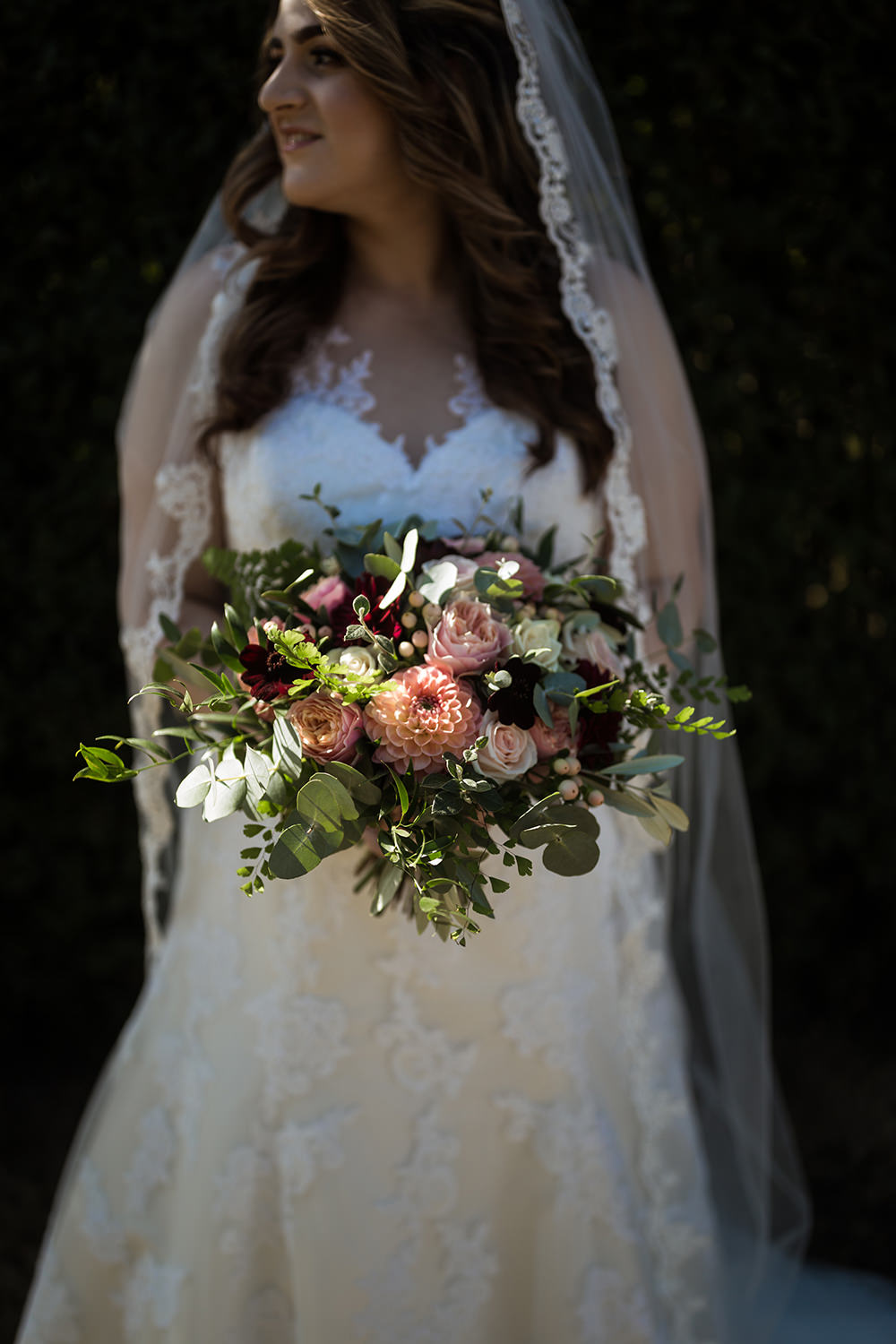 Bride Bridal Bouquet Flowers Dahlia Rose Eucalyptus Haughley Park Barn Wedding Him and Her Wedding Photography
