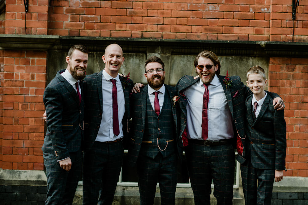 Groom Groomsmen Suit Check Waistcoat Burgundy Tie Pocket Watch Indie Autumn Wedding Kazooieloki Photography