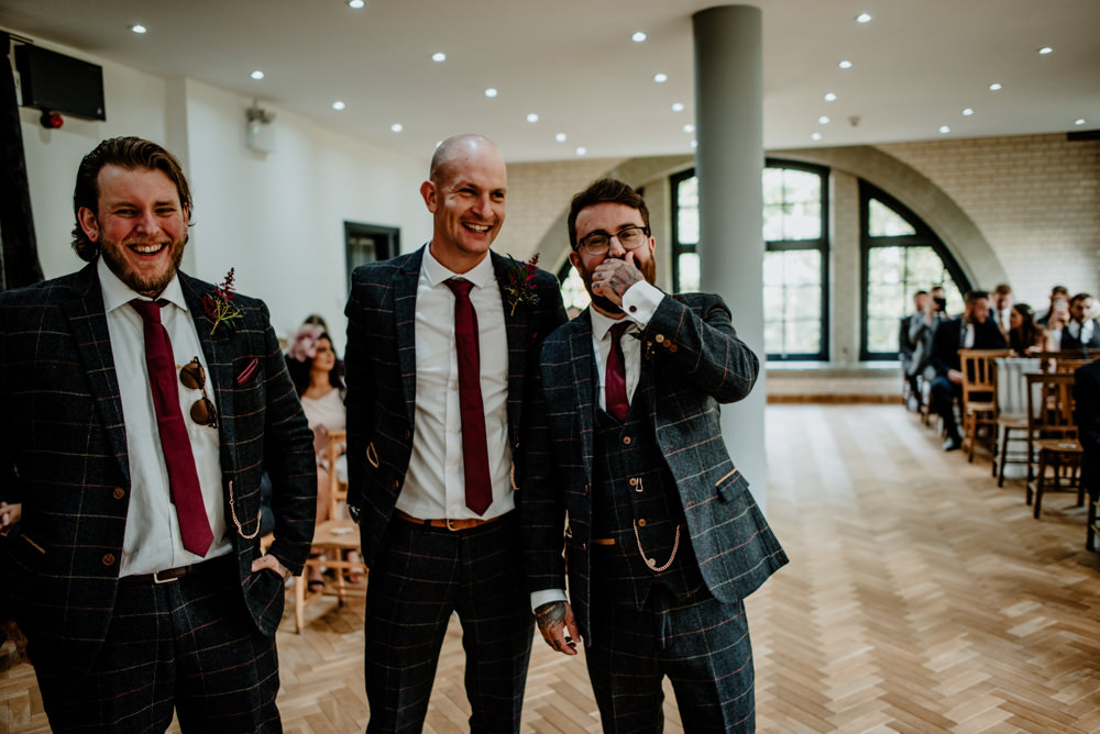 Groom Groomsmen Suit Check Waistcoat Burgundy Tie Pocket Watch Indie Autumn Wedding Kazooieloki Photography