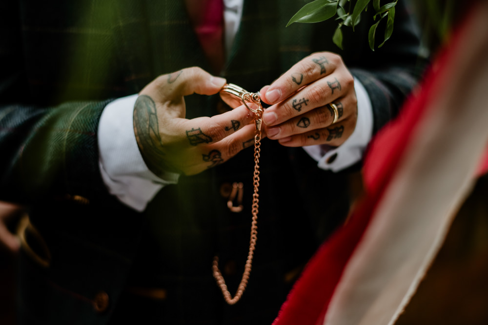 Groom Groomsmen Suit Check Waistcoat Burgundy Tie Pocket Watch Indie Autumn Wedding Kazooieloki Photography