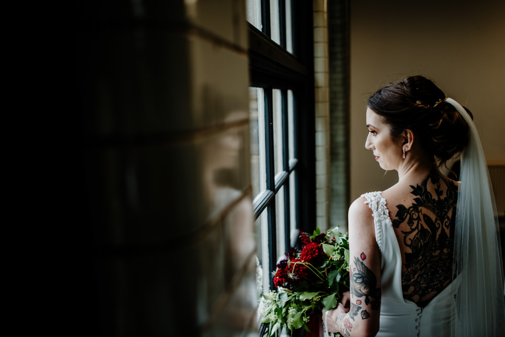 Dress Gown Bride Bridal Pronovias Lace Panels Low Back Train Indie Autumn Wedding Kazooieloki Photography