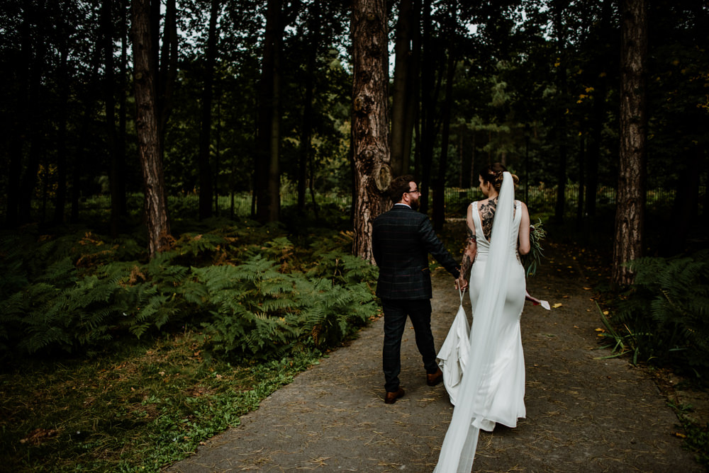 Dress Gown Bride Bridal Pronovias Lace Panels Low Back Train Indie Autumn Wedding Kazooieloki Photography