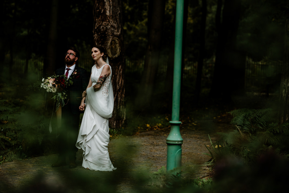Dress Gown Bride Bridal Pronovias Lace Panels Low Back Train Indie Autumn Wedding Kazooieloki Photography