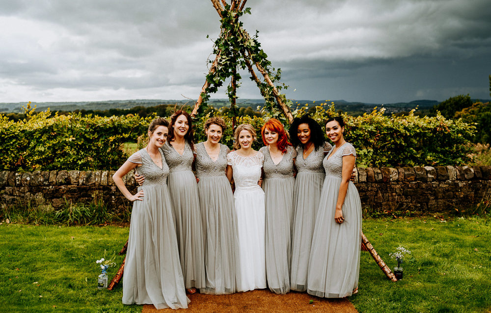 Greenery Triangle Naked Tipi Backdrop Bridesmaids Bridesmaid Dress Dresses Grey Individual Tipi Wedding Bridgwood Wedding Photography