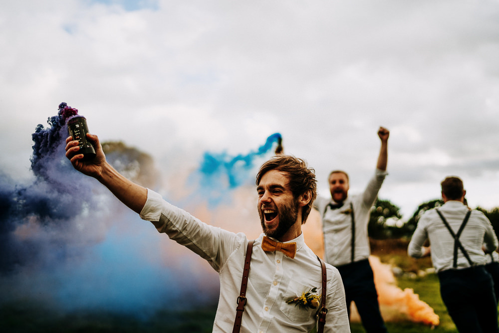 Groom Groomsmen Bow Ties Braces Individual Tipi Wedding Bridgwood Wedding Photography Smoke Bomb Photo Portraits