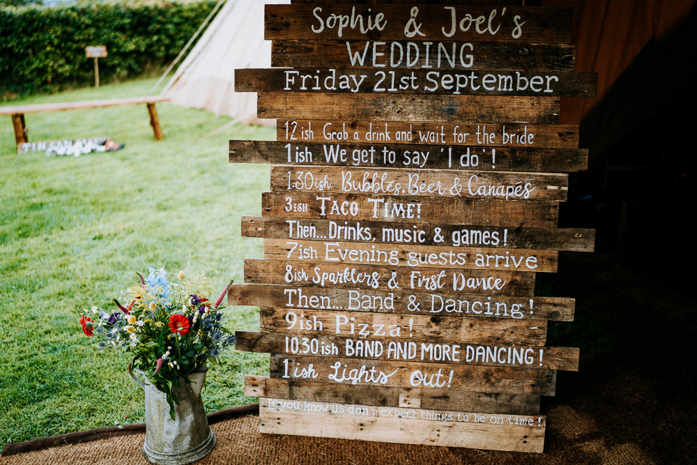 Wooden Signs Sign Signage Order of the Day Individual Tipi Wedding Bridgwood Wedding Photography