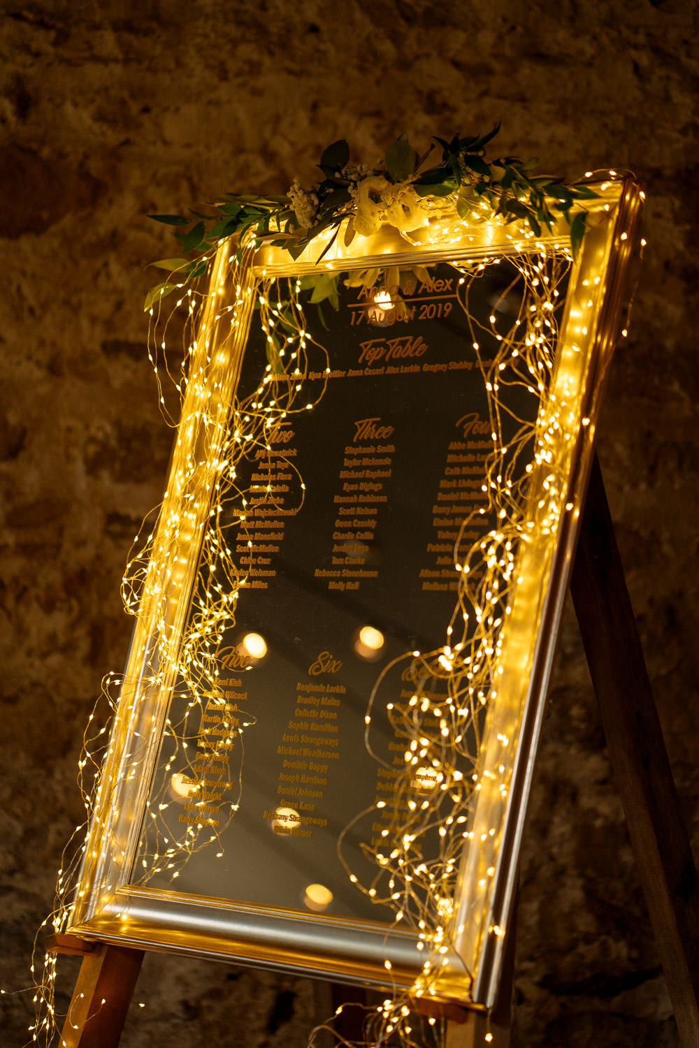 Mirror Gold Frame Table Plan Fairy Lights Industrial Barn Wedding Toast Of Leeds