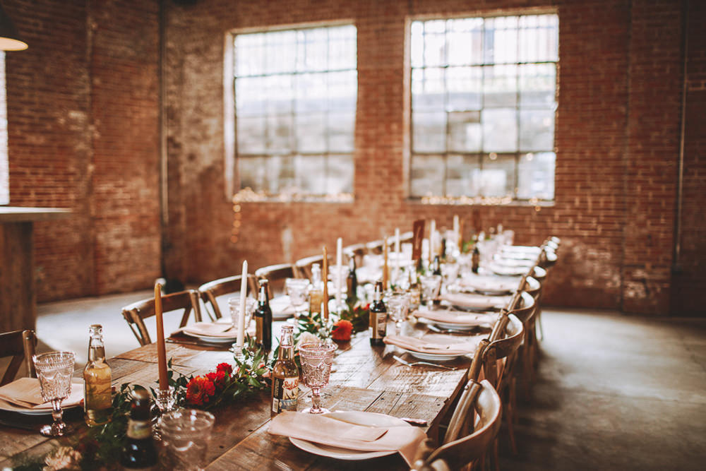 Long Wooden Table Decor Decoration Candles Flowers Industrial Distillery Wedding Nessa K Photography
