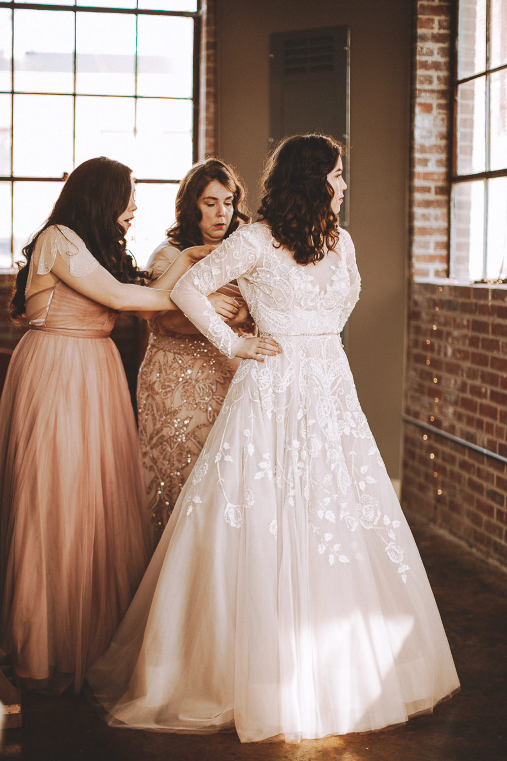 Dress Gown Bride Bridal Hayley Paige Lace Long Sleeves Train Industrial Distillery Wedding Nessa K Photography