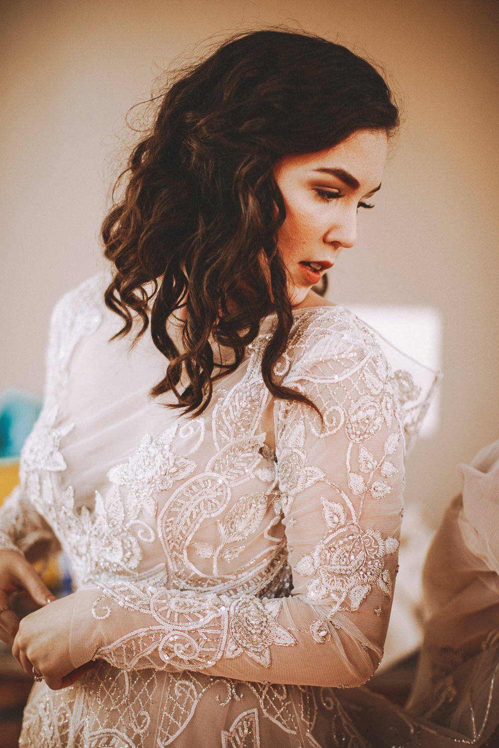 Dress Gown Bride Bridal Hayley Paige Lace Long Sleeves Train Industrial Distillery Wedding Nessa K Photography