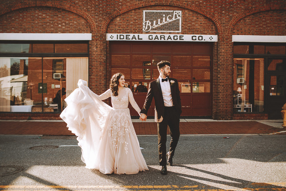 Dress Gown Bride Bridal Hayley Paige Lace Long Sleeves Train Industrial Distillery Wedding Nessa K Photography