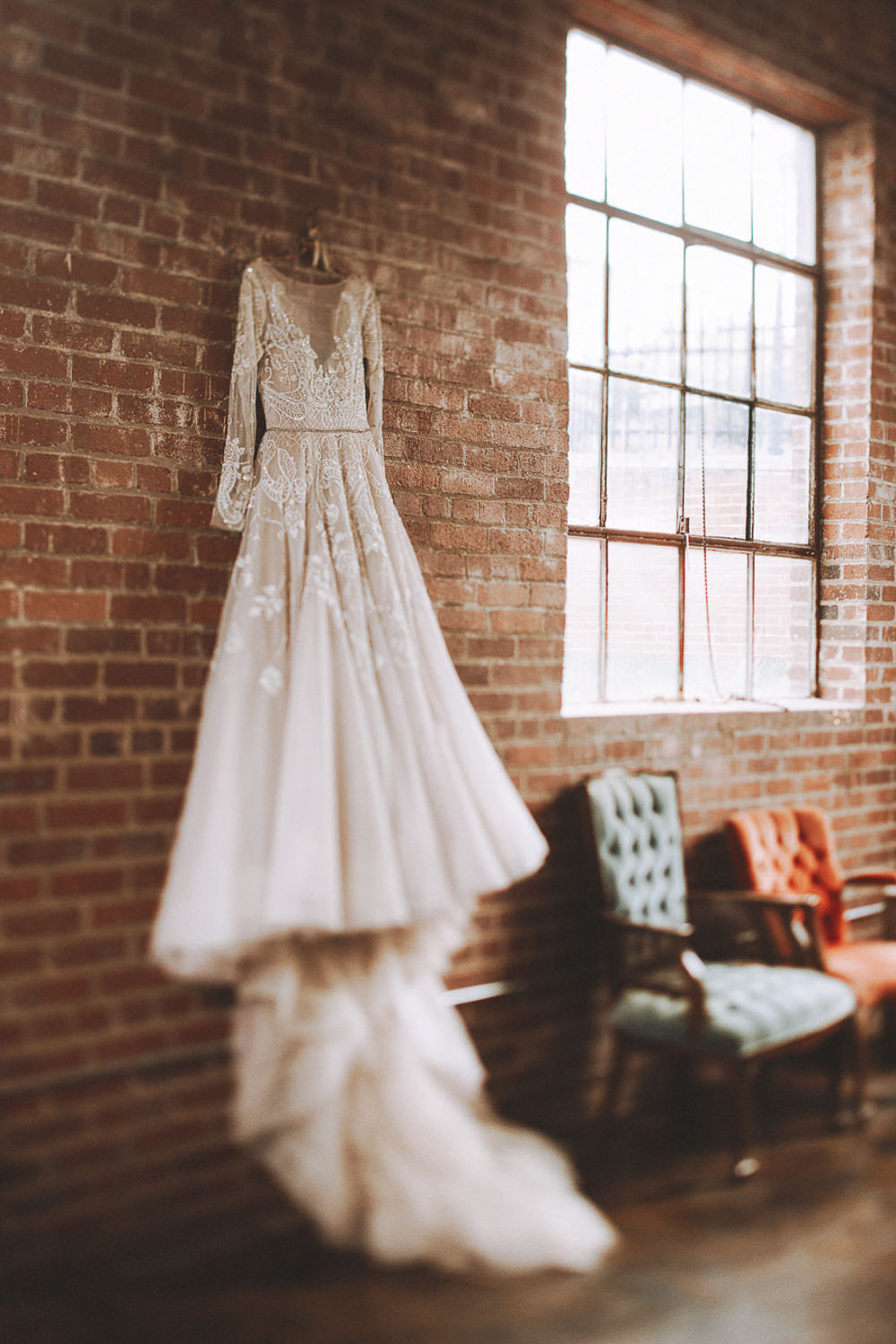 Dress Gown Bride Bridal Hayley Paige Lace Long Sleeves Train Industrial Distillery Wedding Nessa K Photography