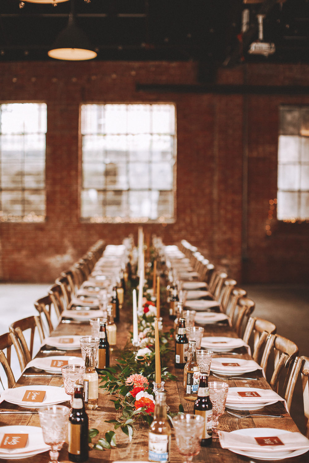 Long Wooden Table Decor Decoration Candles Flowers Industrial Distillery Wedding Nessa K Photography