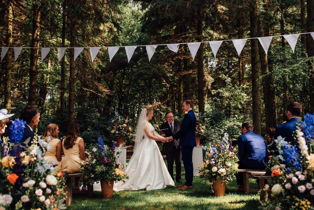 Woodland Outdoor Ceremony Bunting Flowers Lineham Farm Wedding Marni V Photography