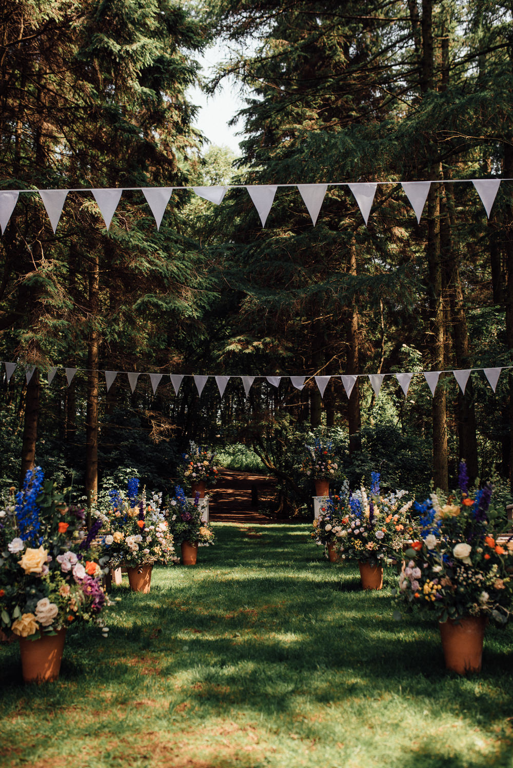 Woodland Outdoor Ceremony Bunting Flowers Aisle Lineham Farm Wedding Marni V Photography