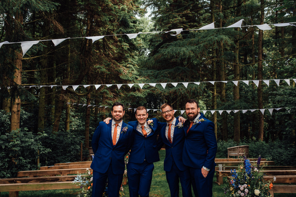 Groom Groomsmen Suit Blue Orange Tie Print Shirt Lineham Farm Wedding Marni V Photography