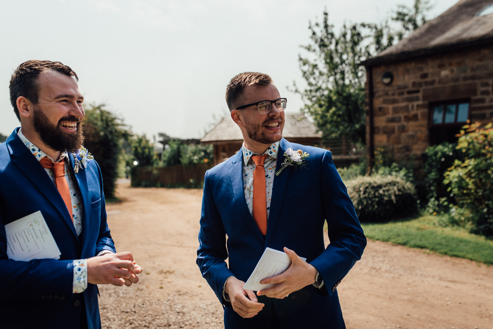 Groom Groomsmen Suit Blue Orange Tie Print Shirt Lineham Farm Wedding Marni V Photography