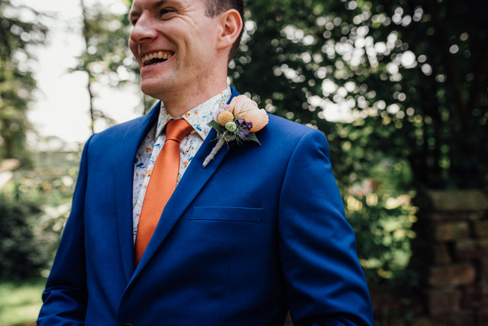 Groom Groomsmen Suit Blue Orange Tie Print Shirt Lineham Farm Wedding Marni V Photography