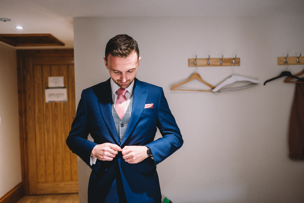 Groom Groomsmen Suit Waistcoat Blue Pink Tie Maidens Barn Wedding Sophie Oldhamstead Photography