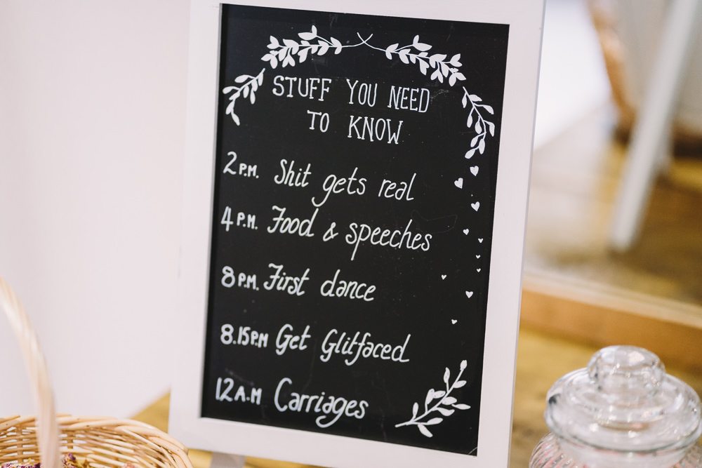 Sign Signs Signage Chalk Board Maidens Barn Wedding Sophie Oldhamstead Photography