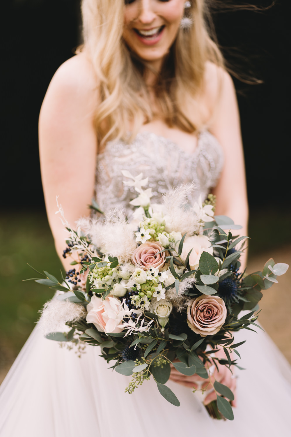 Bouquet Flowers Bride Bridal Eucalyptus Pink Rose Maidens Barn Wedding Sophie Oldhamstead Photography