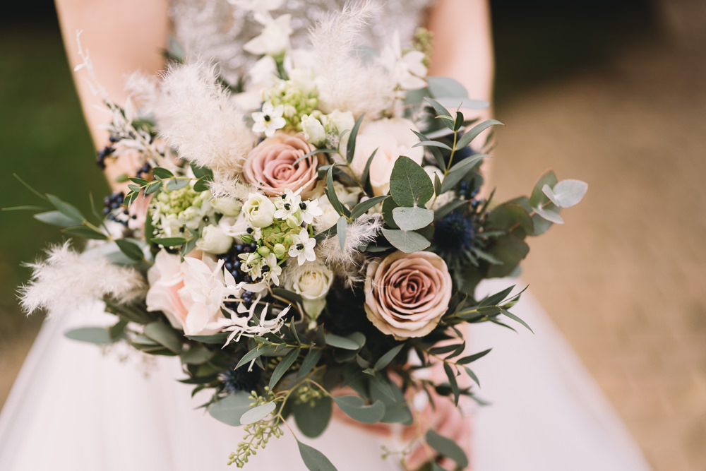Bouquet Flowers Bride Bridal Eucalyptus Pink Rose Maidens Barn Wedding Sophie Oldhamstead Photography