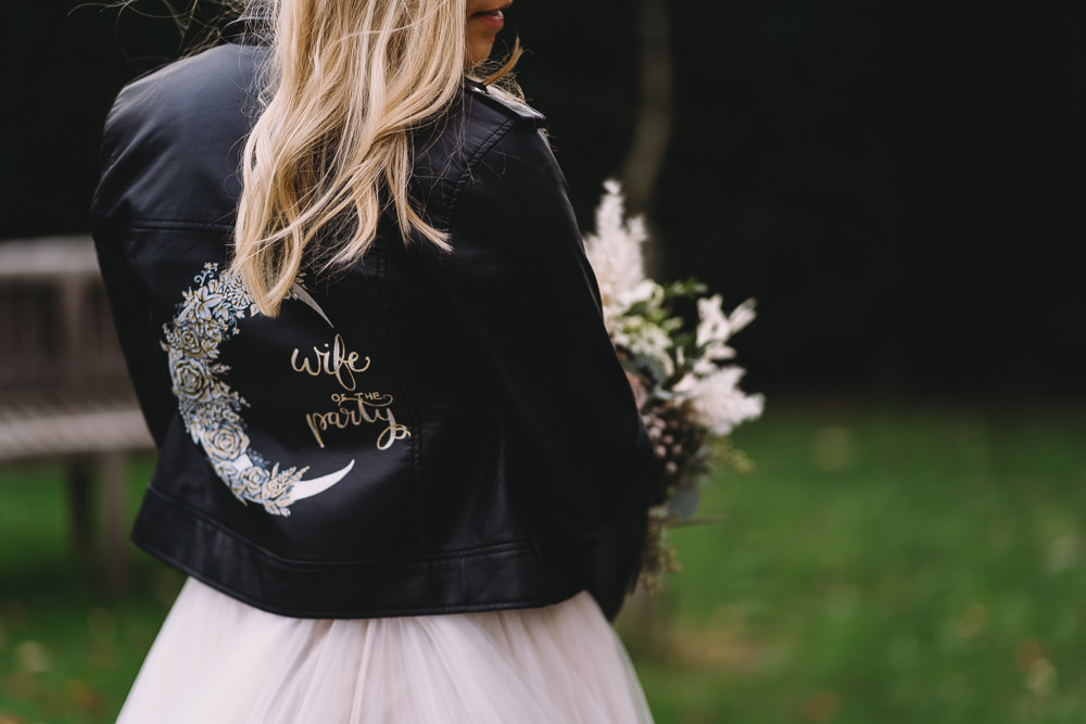 Bride Bridal Moon Leather Jacket Personalised Painted Maidens Barn Wedding Sophie Oldhamstead Photography