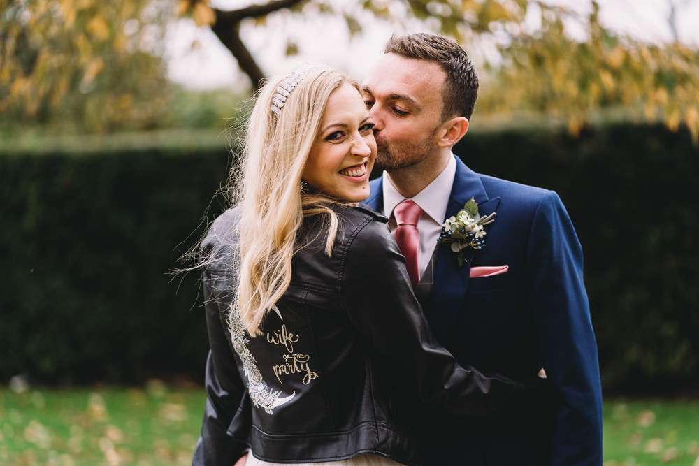 Bride Bridal Moon Leather Jacket Personalised Painted Maidens Barn Wedding Sophie Oldhamstead Photography