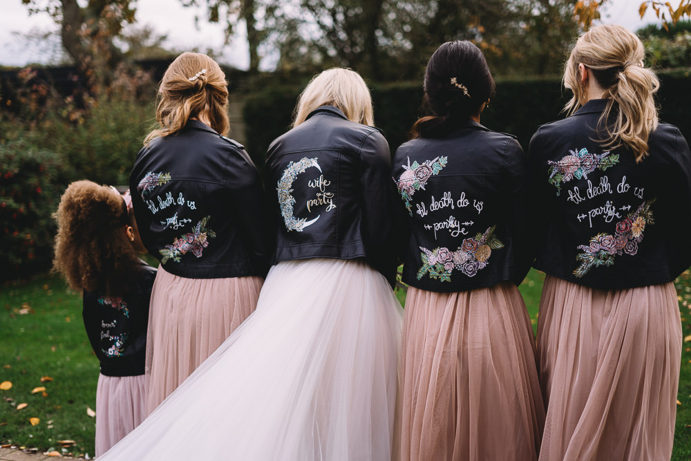 Bride Bridal Bridesmaid Leather Jacket Personalised Painted Maidens Barn Wedding Sophie Oldhamstead Photography