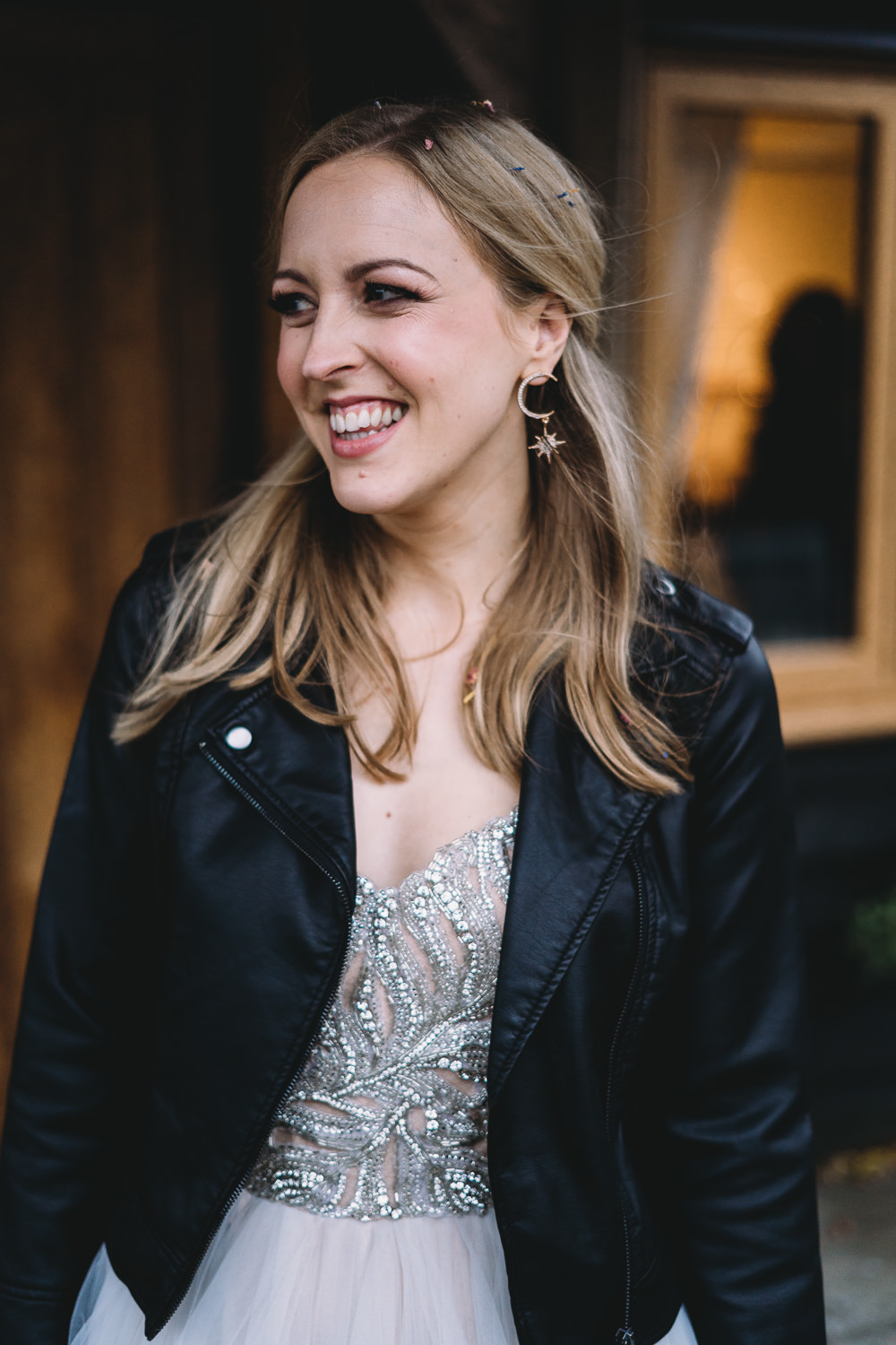 Moon Star Celestial Earrings Bride Bridal Hair Leather Jacket Maidens Barn Wedding Sophie Oldhamstead Photography