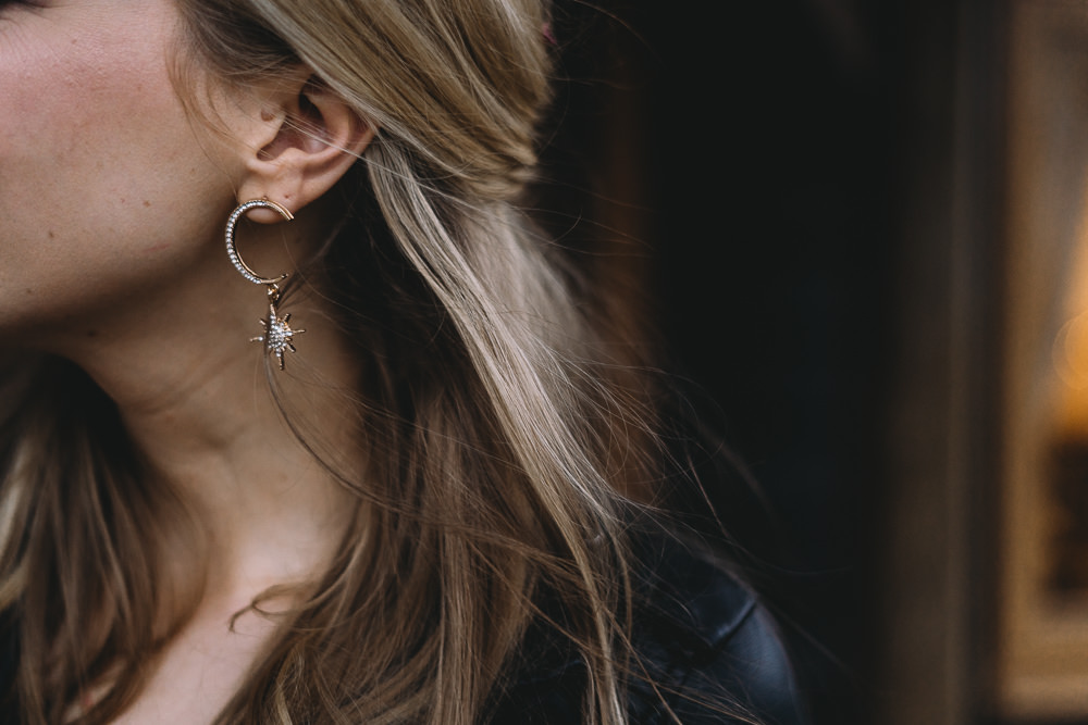 Moon Star Celestial Earrings Bride Bridal Hair Leather Jacket Maidens Barn Wedding Sophie Oldhamstead Photography