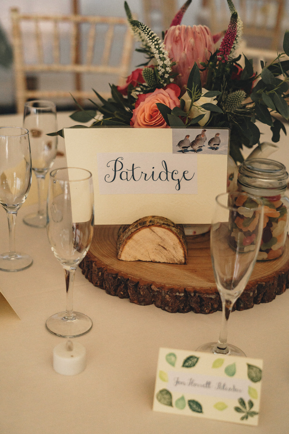 Centrepiece Log Slice Flowers Table Name Marquee Wedding Home The Chamberlins