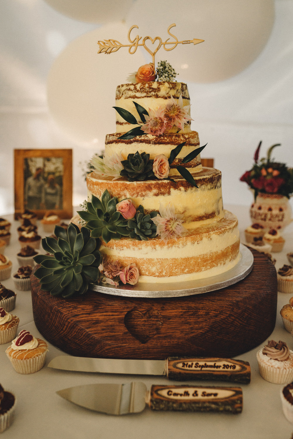Semi Naked Cake Flowers Succulents Topper Log Slice Stand Marquee Wedding Home The Chamberlins