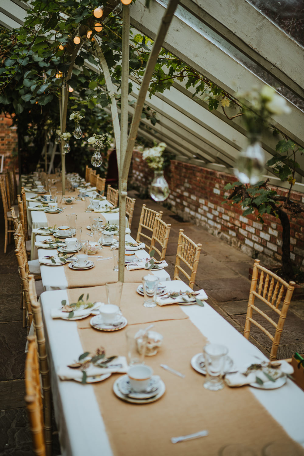 Glass House Reception Secret Garden Kent Trees Hessian Burlap Tables Festoon Lights Hanging Flowers Micro Wedding Nicola Dawson Photography