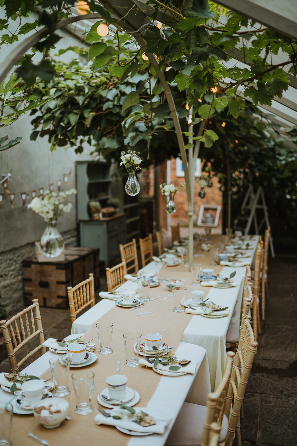 Glass House Reception Secret Garden Kent Trees Hessian Burlap Tables Festoon Lights Hanging Flowers Micro Wedding Nicola Dawson Photography