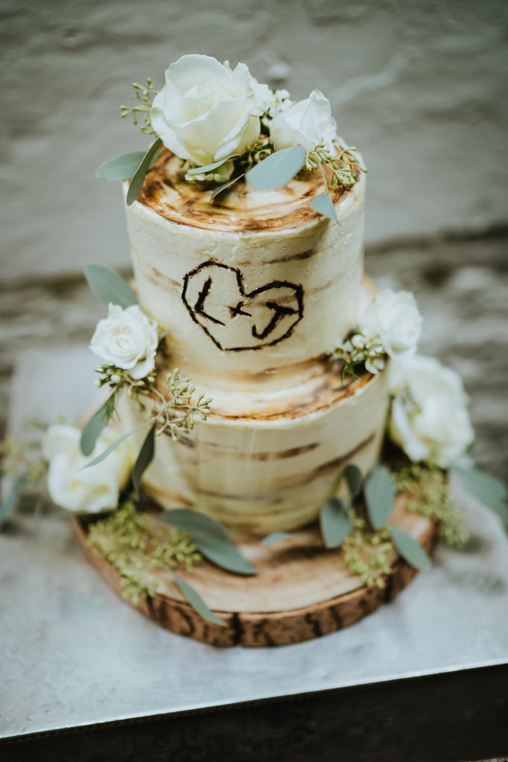 Rustic Buttercream Cake Heart Initials Wood Tree Log Flowers Micro Wedding Nicola Dawson Photography