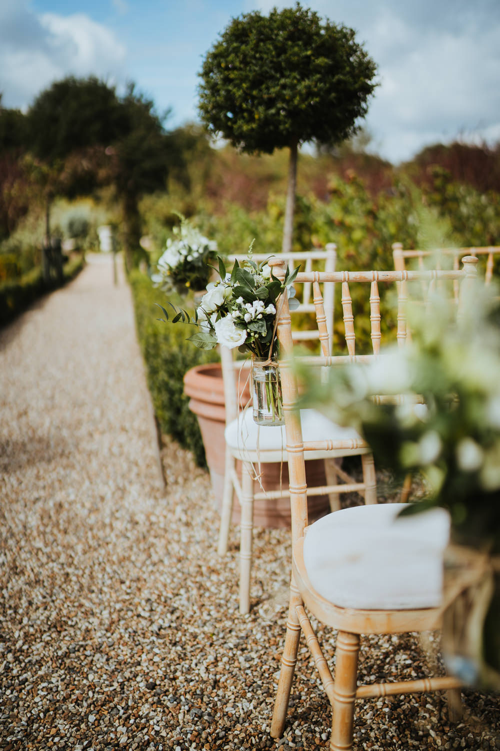 Chair Pew End Aisle Flowers White Greenery Foliage Jars Micro Wedding Nicola Dawson Photography
