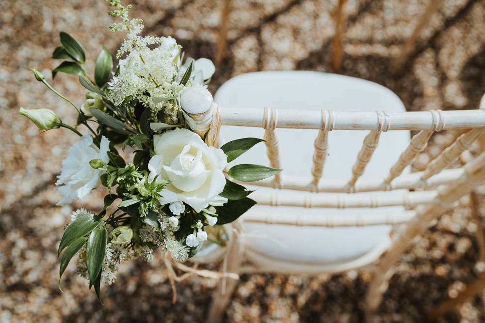 Chair Pew End Aisle Flowers White Greenery Foliage Jars Micro Wedding Nicola Dawson Photography